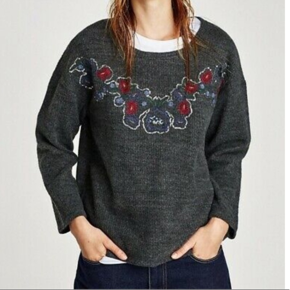 Zara Floral Embroidered Knit Sweater